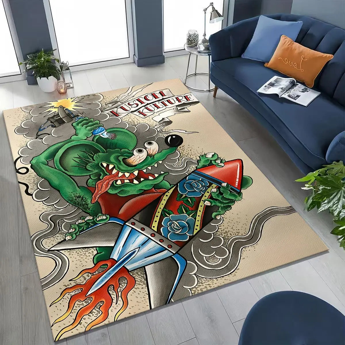 3D Rebellious RAT FINK Cars Sign Cartoon Rug for Bedroom Living Room Sofa Home Doormat Decor, Large Kids Play Non-slip Floor Mat
