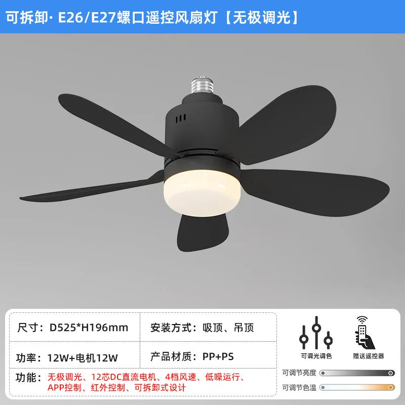 E26/E27 Socket LED Fan Light with Remote & APP 52.5cm 4 Speed Socket Ceiling Fans with Lighting Light Bulb Fan for Bedroom Home