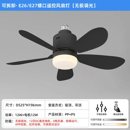 E26/E27 Socket LED Fan Light with Remote & APP 52.5cm 4 Speed Socket Ceiling Fans with Lighting Light Bulb Fan for Bedroom Home