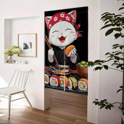 VIKAMA Cartoon Japanese-Style Food Cat Door Curtain, Hand-Painted Salmon Print Half-Door Curtain, Kitchen Divider and Home Decor