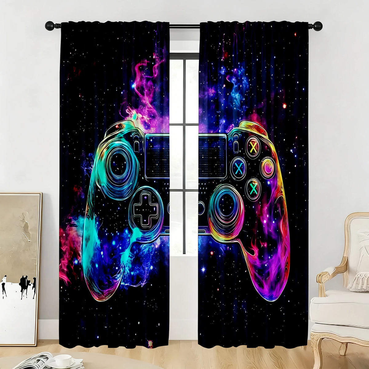 2PC Neon "Game Night" Curtains - Vibrant Gaming Print Window Drapes for Boys Bedroom Game Room Decor