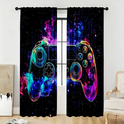 2PC Neon "Game Night" Curtains - Vibrant Gaming Print Window Drapes for Boys Bedroom Game Room Decor