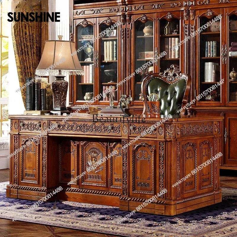Luxury American Style Solid Wood White Wax Large Desk European President Office Boss Desk