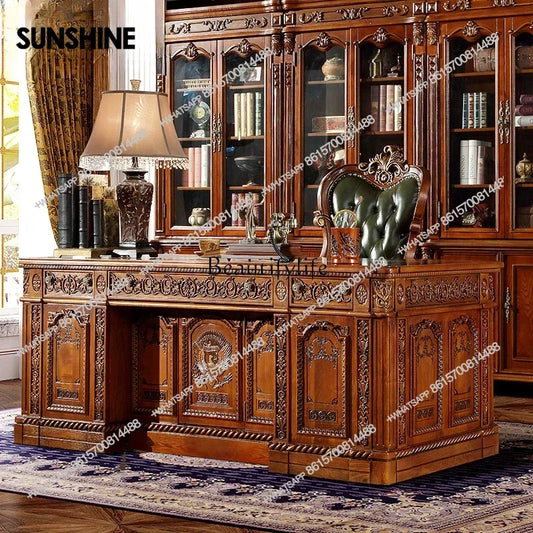 Luxury American Style Solid Wood White Wax Large Desk European President Office Boss Desk
