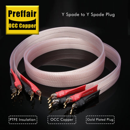 Hifi OCC Speaker Cable Flat Belt Speaker Cable with 90 Degree Banana Y Plugs Cable for Speaker Amplifier