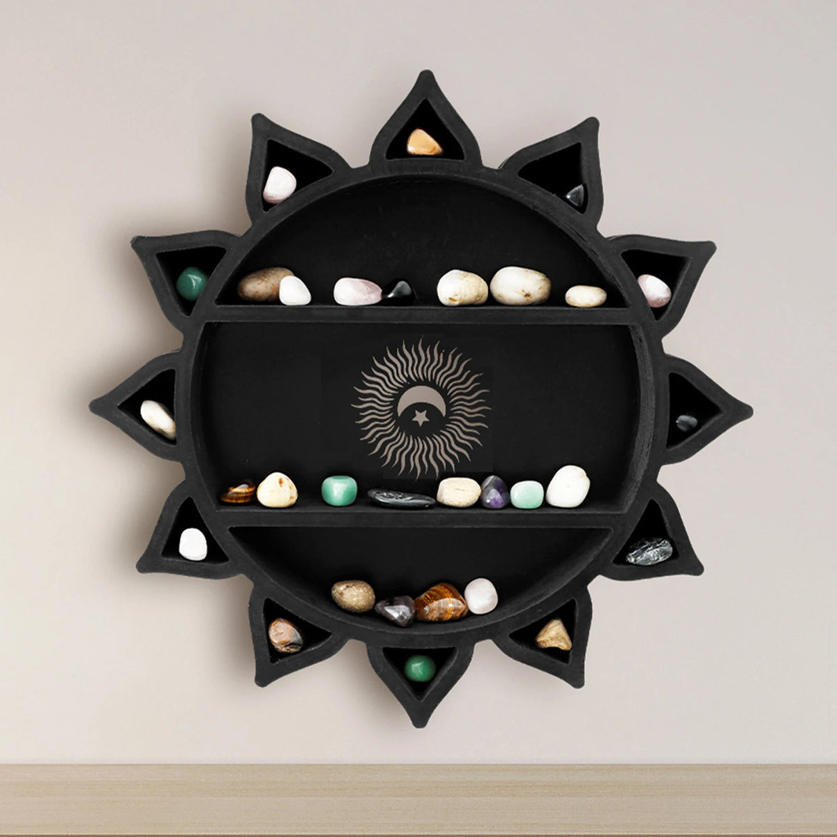 Wooden Shelf Wall Mounted Crystal Display Rack Bohemian Floating Wall Decor Storage Crystal Holders Exquisite Wooden Carving