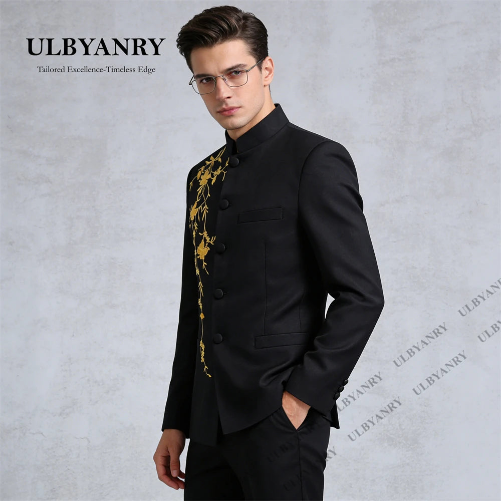 ULBYANRY Traditional Suit Set for Men, Stand Collar Single Row Suit, Wedding Groom Suits Men's Slim Fitting Tuxedo Jacket Pants