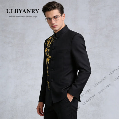 ULBYANRY Traditional Suit Set for Men, Stand Collar Single Row Suit, Wedding Groom Suits Men's Slim Fitting Tuxedo Jacket Pants