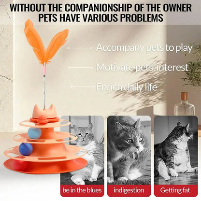 Cute 4 Layer Cat Track Toy Interactive Roller Turntable Ball With Moving Feather Wand For Kitten Fun Pet Accessories