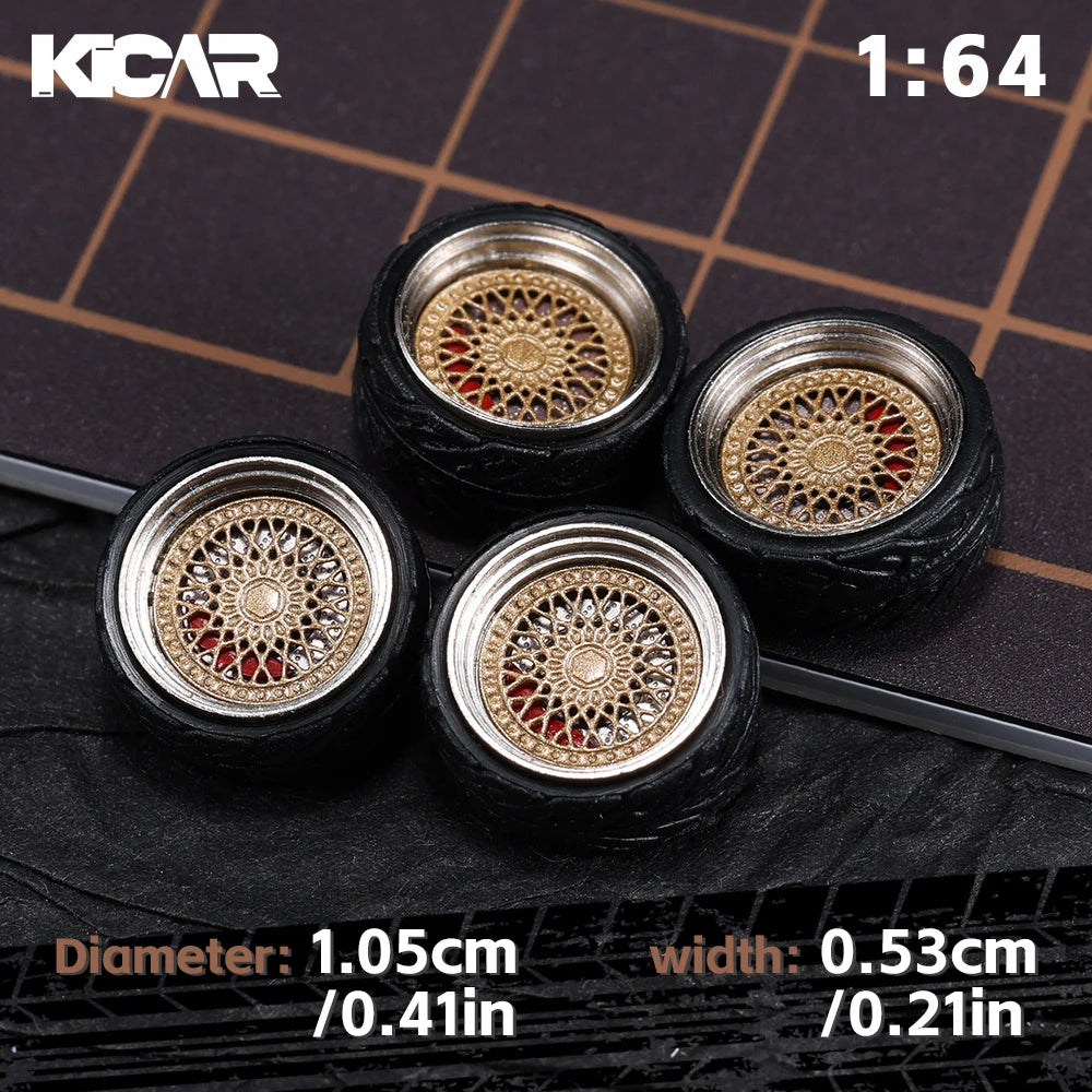 Kicarmod 1/64 10.5mm Alloy Model Wheels with Magnetic Hub Caps-with Rubber Tires for Tomica Custom Diecast Cars