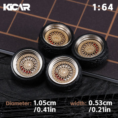 Kicarmod 1/64 10.5mm Alloy Model Wheels with Magnetic Hub Caps-with Rubber Tires for Tomica Custom Diecast Cars
