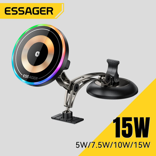 Essager 15W Magnetic Wireless Charger Car Phone Holder 360° Rotation Stand Car Mount for iPhone 17 16 15 Pro Max Samsung Xiaomi