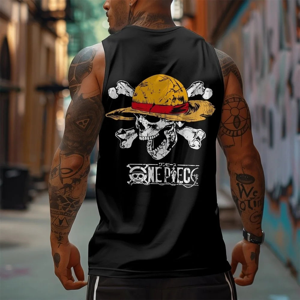 One Piece Men Vest Tank Top Straw Hat Pirates' Jolly Roger Summer Japanese Anime Spring and Autumn Sports Loose Sleeveless Top