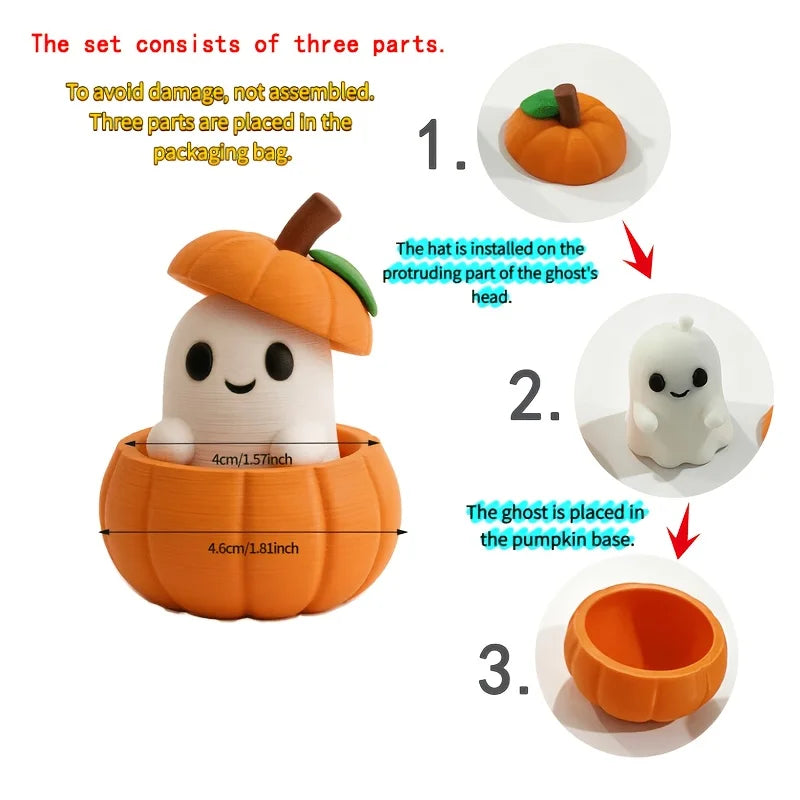 Set Includes Pumpkin Base, Ghost & Hat, Creative 3D Printed Halloween Pumpkin Elf Decor, Desktop Ornament for Holiday Scene, Hom