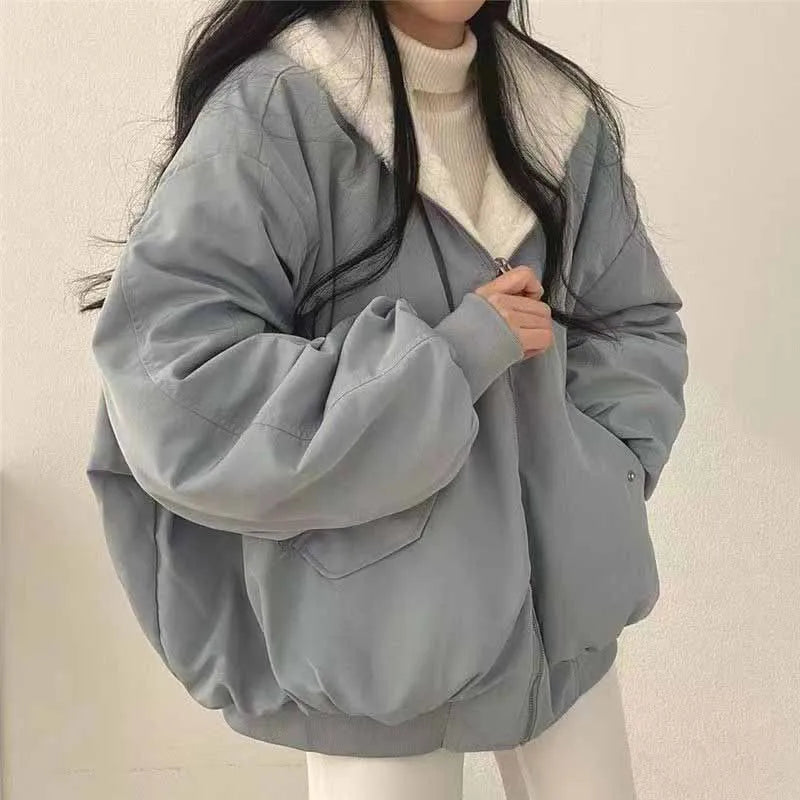 Lucyever Two-Sided Wear Fleece Warm Jacket Women Autumn Winter New Zipper Hooded Parkas Coat Female Loose Thick Thermal Outwear