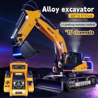 Large Alloy RC Excavator Remote Control Construction Vehicle with Operation Console, LED Light, 680° Rotation, Digger Truck Toy