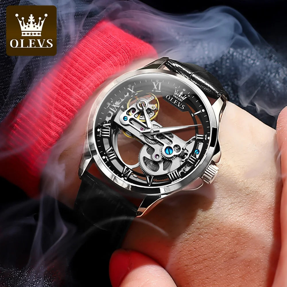 OLEVS 6661 Full Transparant Skelton Flywheel Automatic Mechanical Men's Watch Leather Strap Luxury Brand Original Man Wristwatch