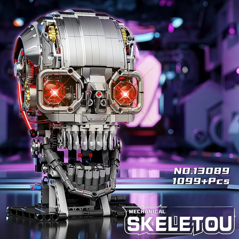 1099Pcs Creative Mechanical Skeleton Head Building Blocks with Light DIY Construction Set MOC Model DIY Birthday Gifts for Kids