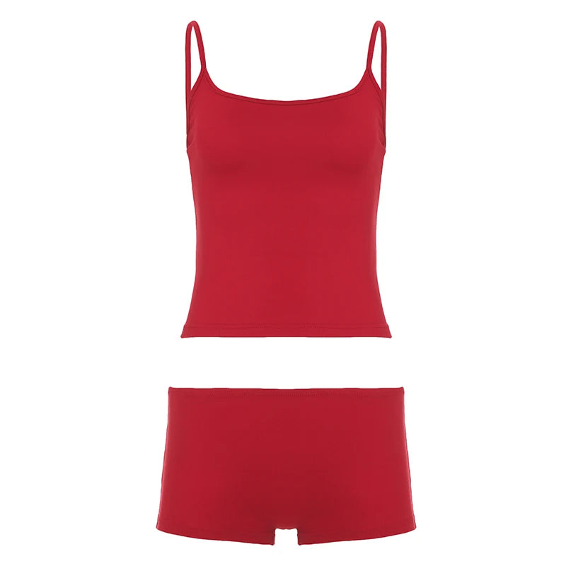 RUKEQT Women's Solid-Color Backless Sleeveless Loungewear 2-piece Set Vacation Spaghetti Strap Tank Top & Low-Rise Shorts Summer