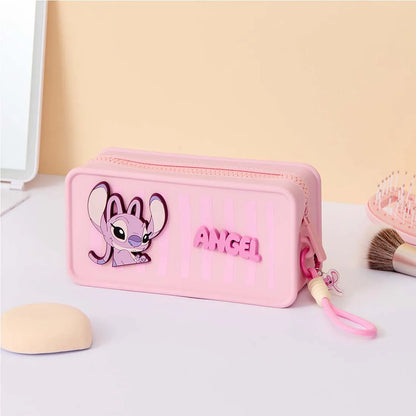 MINISO Disney Stitch Angel Silicone Cosmetic Bag Cute Pink Makeup Organizer Pouch Portable Zipper Toiletry Bag with Wrist Strap