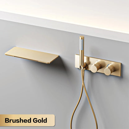 Light luxury brass thermostatic Gun gray bathroom faucet Wall-mounted design Double handle  Cold & Hot dual-control bathtub Tap