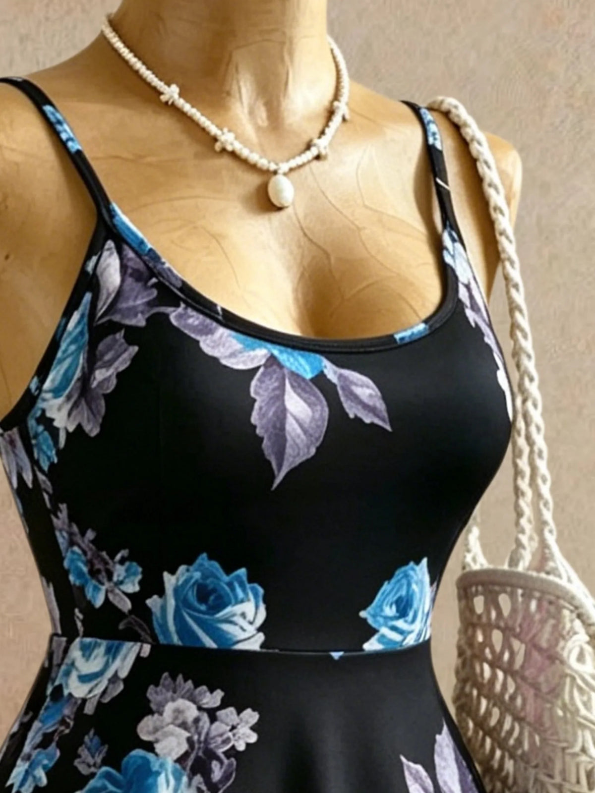 Women Spaghetti Strap U Neck Blue Floral Print High Waist Swing Mini Dress 2026 Summer Y2K Black Background Sleeveless Beach Vac
