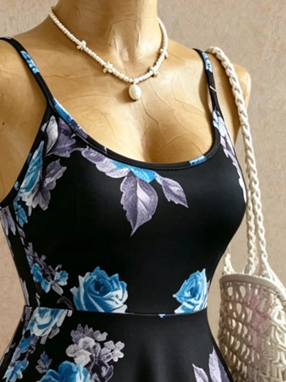 Women Spaghetti Strap U Neck Blue Floral Print High Waist Swing Mini Dress 2026 Summer Y2K Black Background Sleeveless Beach Vac