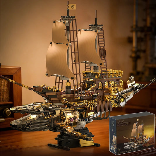 Creative Vintage Steam Sailboat Mechanical Whale Ship Building Blocks Retro Steamboat With Lights Bricks Decoration Toy Kid Gift