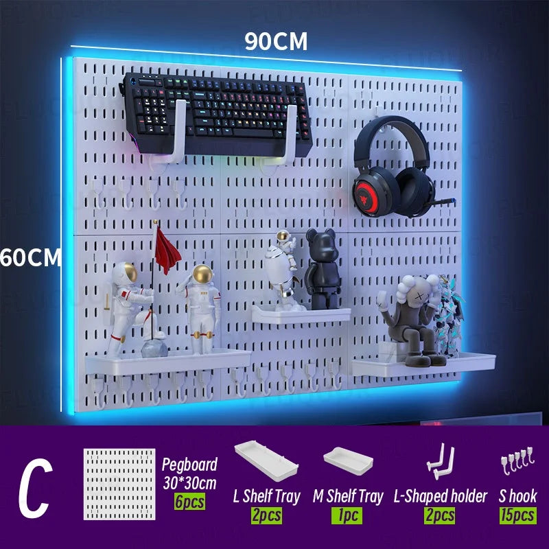 Gaming Pegboard Wall Organizer Set Display Shelf Keyboard Holder Headphone Hanger Controller Stand Storage Panel Gamer Gift
