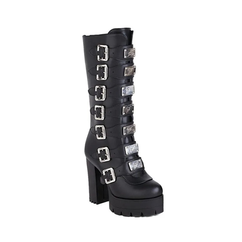 Punk Gothic Solid Black Multi-buckle Strap Designer Women's Winter Warm Shoes Western Platform Block High Heels Mid-calf Boots