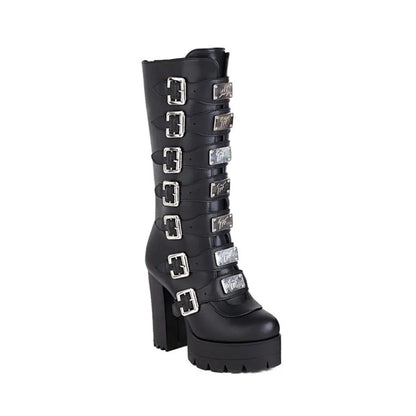 Punk Gothic Solid Black Multi-buckle Strap Designer Women's Winter Warm Shoes Western Platform Block High Heels Mid-calf Boots