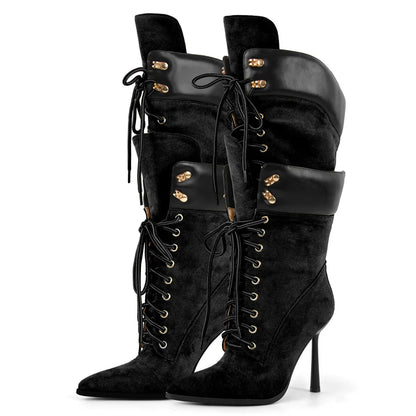 Onlymaker Women Pointed Toe Double Stiletto Heel Lace Up Mid-Calf Boots Faux Suede Nightclub Party  Daily Heel Stylish  Boots