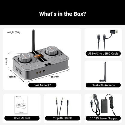 Fosi Audio K7 Bluetooth Gaming Headphone Amplifier Planar Headphone HiFi DAC AMP Mic Input USB Gaming DAC for PS5 PC Switch