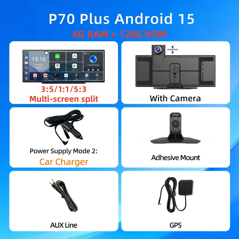 Imagebon P70Plus 11.4" Android 15 8Core 6+128G CarPlay Android Auto Dash Cam Split Screen Video Recorder WiFi YouTube AI GPS DVR