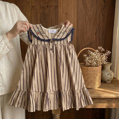Baby Girl Pure Cotton Princess Dress Summer New Style Girls' Striped Embroidered Dress Baby Daily Wear Internet Celebrity Dress