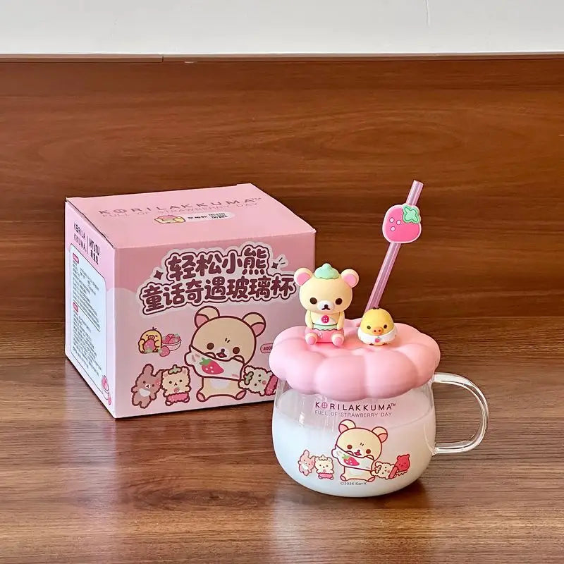 Rilakkuma Glass Water Cup With Lid Straw High Temperature Resistant Cute Cartoon Drinking Mug For Office Home Daily Use