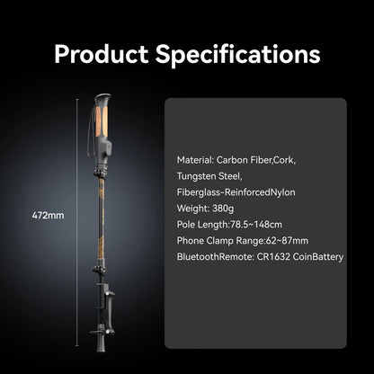 TELESIN Trekshot Hiking Pole Selfie Stick Carbon Fiber Remote Control Selfie Stick Tripod Stand for Smart Phone Action Camera