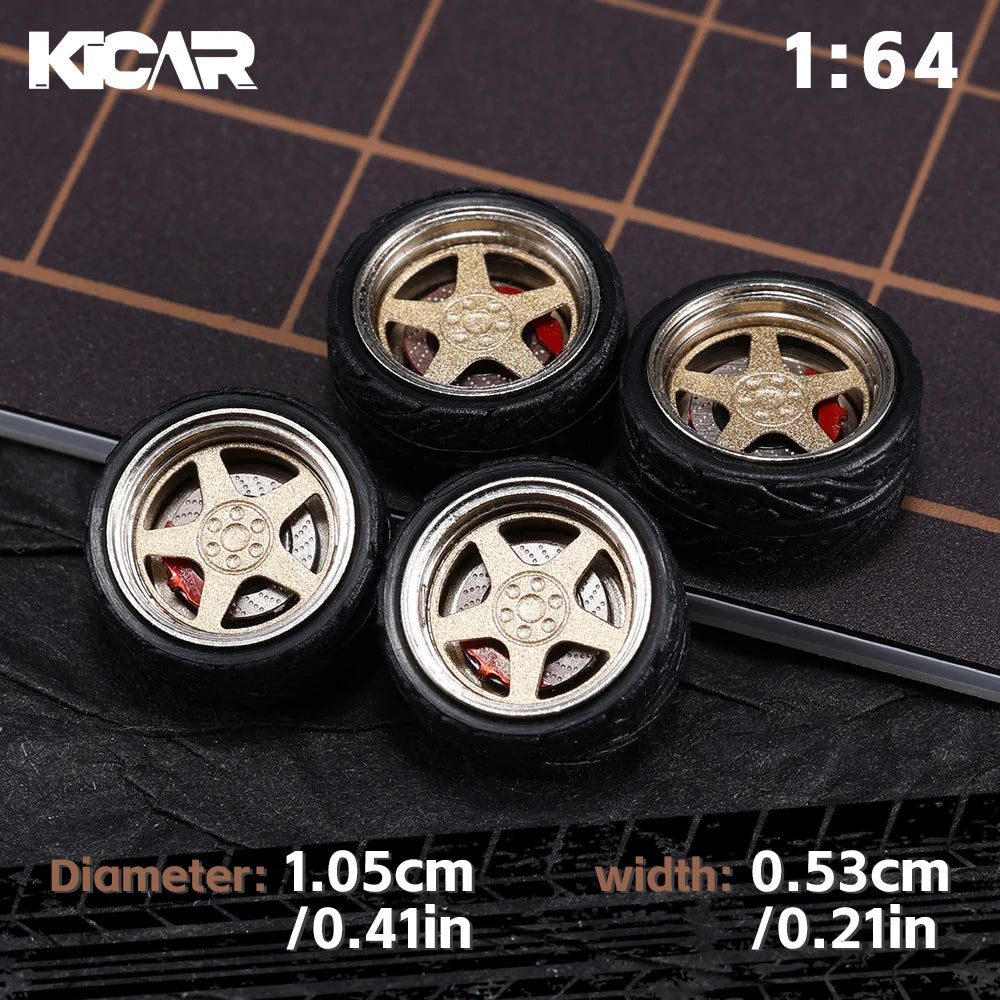 Kicarmod 1/64 10.5mm Alloy Model Wheels with Magnetic Hub Caps-with Rubber Tires for Tomica Custom Diecast Cars