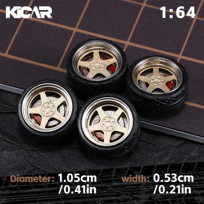 Kicarmod 1/64 10.5mm Alloy Model Wheels with Magnetic Hub Caps-with Rubber Tires for Tomica Custom Diecast Cars