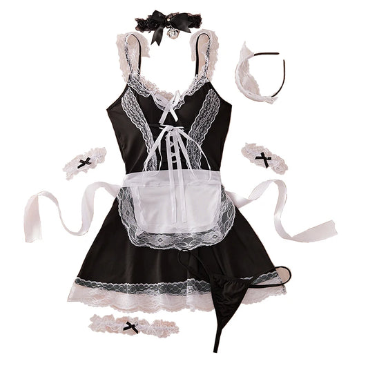 Naughty Maid Uniform Role Play Costume Bodysuit for Women Sexy Lingerie Bow Lace Suspender Dress Cosplay Underwear Set