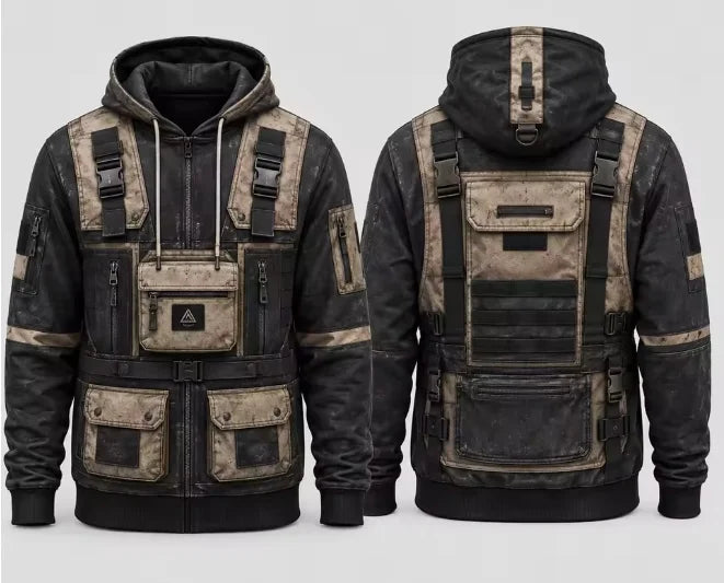 Men 3D Print Tactical Vest Style Hoodie, Polyester Outdoor Urban Street Fashion Daily Long Sleeve Techwear Hoodie