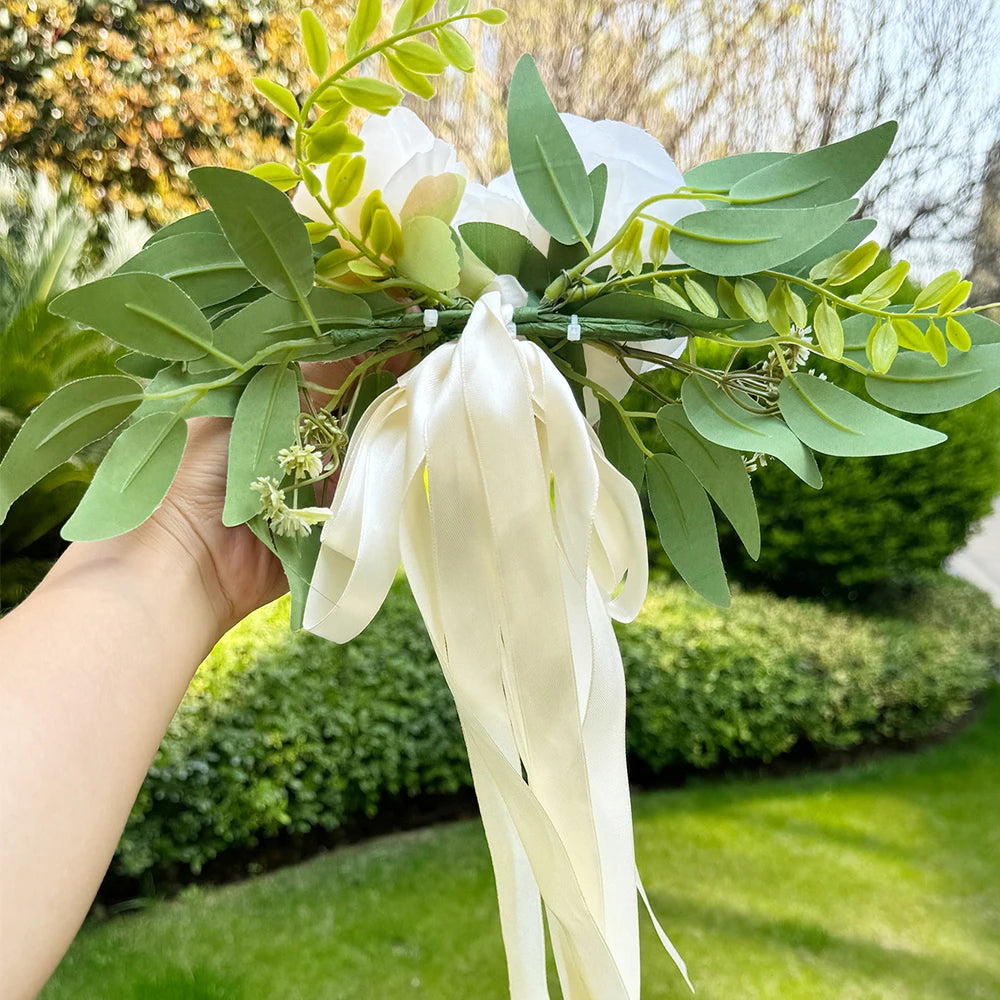 Artificial Wedding Car Flower Decorations, White Rose Car Mirror Decor, Car Accessory for Bridal Shower, Just Married,Party