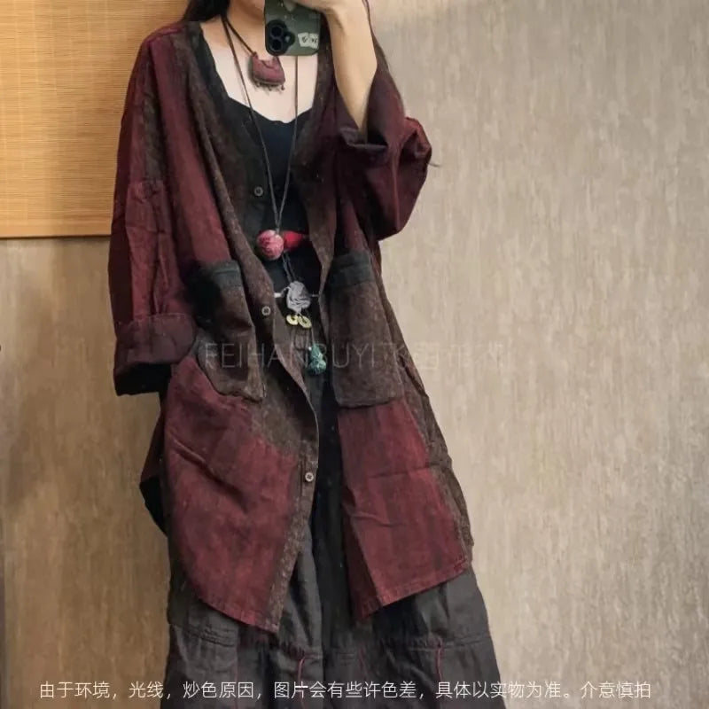 2026 Spring Autumn New Arts Style Women Single Breasted V-neck Long Coat Vintage Patchwork Print Cotton Linen Loose Jackets F89