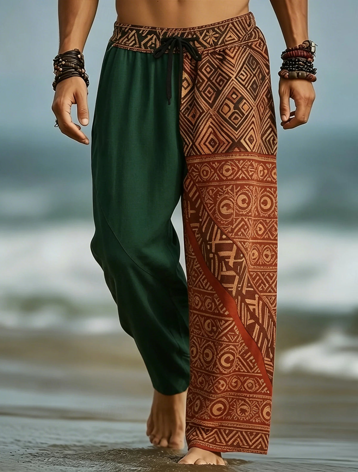 Men's Drawstring Waist Patchwork Tribal Geometric Print Long Pants, Relaxed Loose Fit For Spring Summer Beach Daily Wear