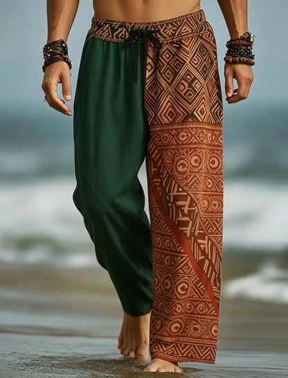 Men's Drawstring Waist Patchwork Tribal Geometric Print Long Pants, Relaxed Loose Fit For Spring Summer Beach Daily Wear