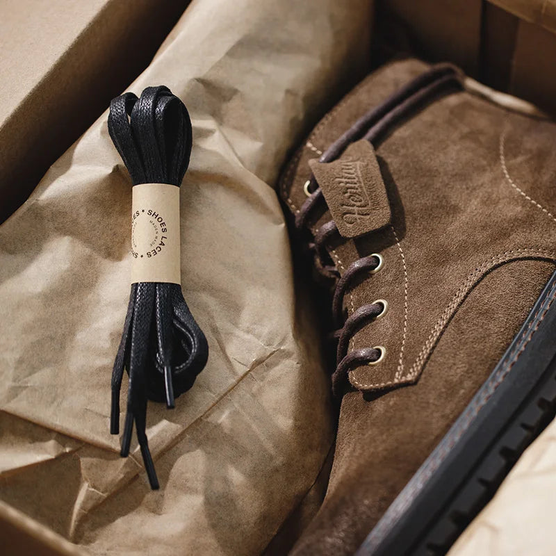 Maden Men Vintage Split Suede Fleece-lined Boots Brown High-Top Work Boots Lace-Up Desert Ankle Rugged Sole Boots Outdoor Shoes