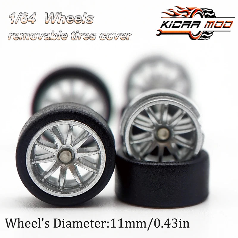 1/64 RLC Premium Wheels with Rubber Slick Tires for 10 Spokes Model Car Refitting Parts D:11mm (1 Set)