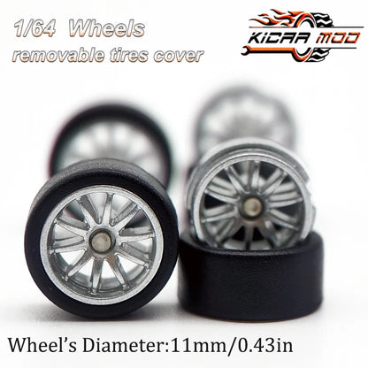 1/64 RLC Premium Wheels with Rubber Slick Tires for 10 Spokes Model Car Refitting Parts D:11mm (1 Set)