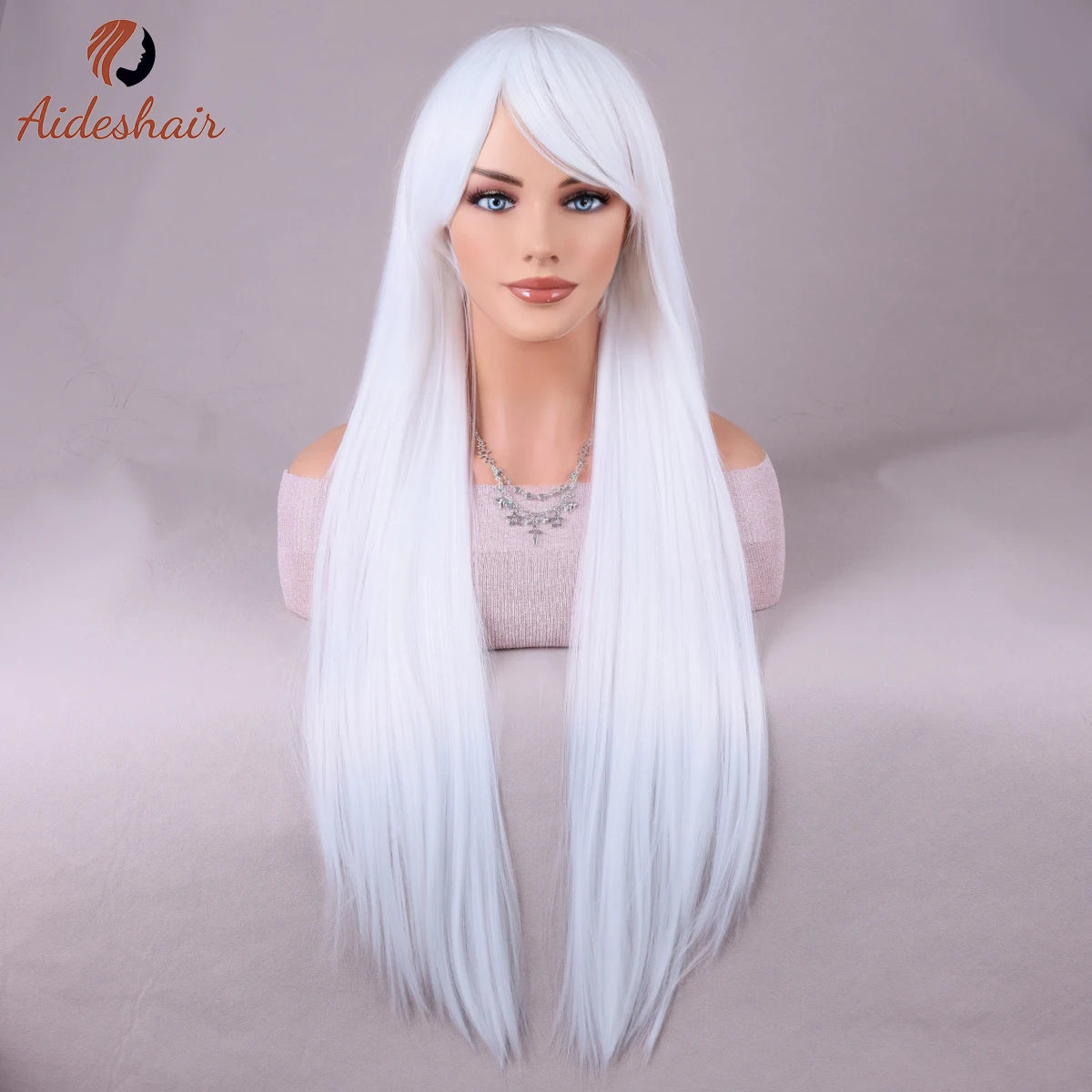 White wig with bangs Natural Length Straight wig for women Heat Resistant Fiber Synthetic wig for everyday Cosplay (28 inches)