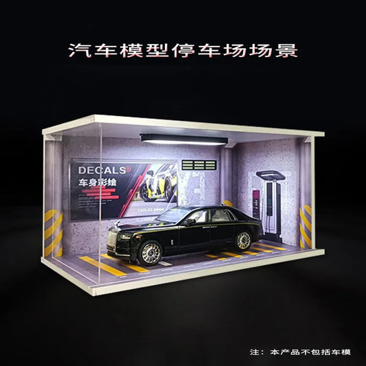 1/24 Garage Diecast Car Display Case with Lights Protection Parking Lot Scene Collectibles for Layout Diecast Car Model Display